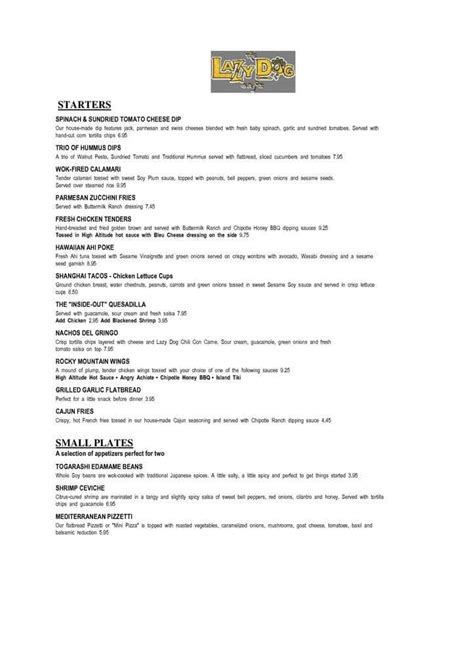 Lazy dog restaurant and bar westminster menu - 14618 Delaware St. Westminster, CO 80023. (720) 459-5613. Website. Neighborhood: Westminster. Bookmark Update Menus Edit Info Read Reviews Write Review. 